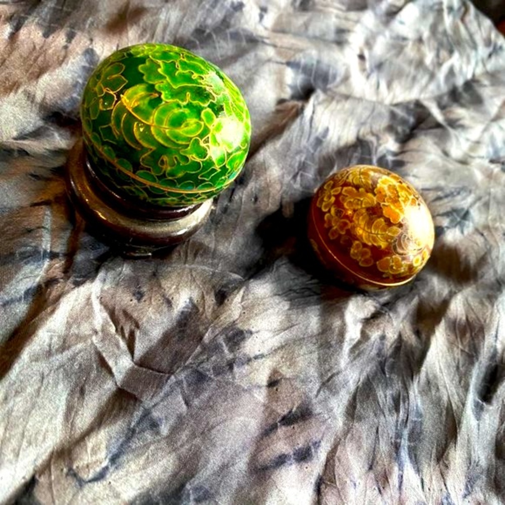 Two Vintage Chinese Cloisonne Trinket Boxes & Lids, one black wooden stand